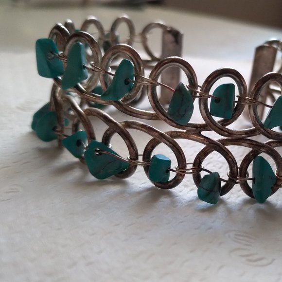 Vintage Silver wire looped turquoise sterling silver 925 bangle bracelet - Picture 3 of 8